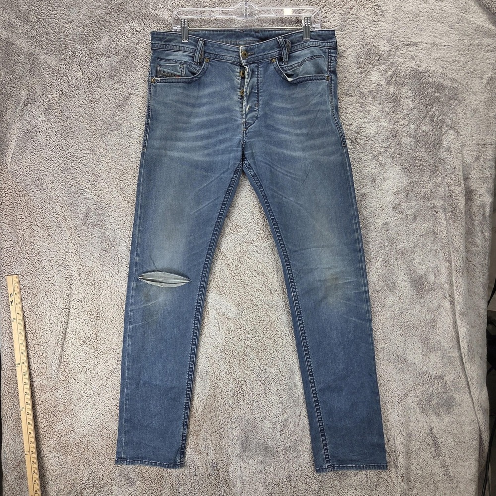 Diesel Jeans Mens 33x34 Blue Akee Regular Slim Tapered Button Fly 0675L
